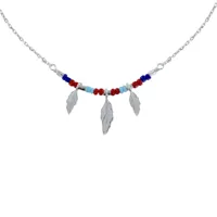 collier argent rhodié petite plume et perles bleu rouge turquoise