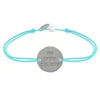 bracelet lien médaille plaqué argent ronde "ma petite poulette" - turquoise