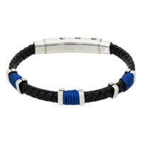 bracelet homme acier, cuir noir et corde bleu "black eyes"