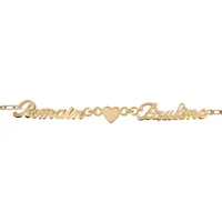 bracelet en plaqué or chaîne mailles 1+1 largeur 2mm avec découpe anglaise 2 prénoms séparés par un coeur - longueur 18,5cm réglable 17cm