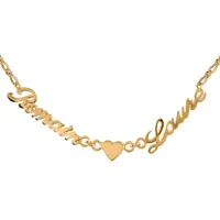 collier en plaqué or chaîne mailles 1+1 largeur 2mm avec découpe anglaise 2 prénoms séparés par un coeur - longueur 40cm + 3cm de rallonge