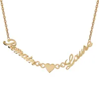 collier en plaqué or chaîne maille forçat avec découpe anglaise 2 prénoms séparés par un coeur - longueur 40cm + 3cm de rallonge