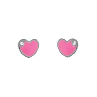 boucles d'oreilles pour enfant en argent rhodié coeur rose avec petit oxyde blanc et fermoir poussette