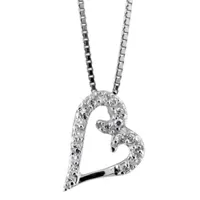 collier en argent rhodié chaîne avec pendentif coeur évidé orné d'oxydes blancs suspendu en biais - longueur 42cm