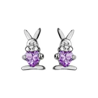boucles d'oreilles enfant en argent rhodié lapin avec oxyde violet et fermoir poussette