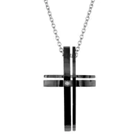 collier en acier chaîne avec pendentif croix chrétienne en bandes de résine noire - longueur 51cm