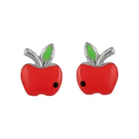 boucles d'oreilles pour enfant en argent rhodié pomme rouge et fermoir poussette