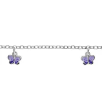 bracelet pour enfant en argent rhodié chaîne avec 3 pampilles papillons mauves - longueur 14cm + 2cm de rallonge