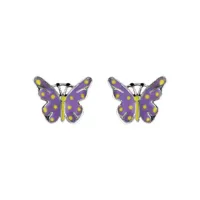 boucles d'oreilles pour enfant en argent rhodié papillon violet et jaune avec fermoir poussette