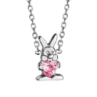 collier pour enfant en argent rhodié chaîne avec pendentif lapin tenant 1 oxyde rose - longueur 36cm + 2cm de rallonge