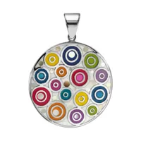 pendentif stella mia en acier et nacre blanche véritable rond avec motifs spirales et multicolore
