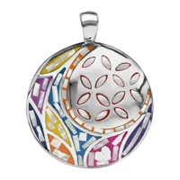 pendentif stella mia en acier et nacre blanche véritable rond avec motif fleur et multicolore