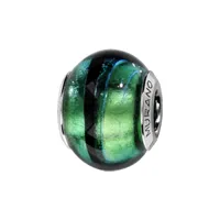 charms thabora en argent rhodié et verre de murano véritable vert avec reflet bleuté et filet noir