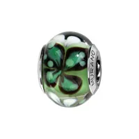 charms thabora en argent rhodié et verre de murano véritable vert avec fleur à 4 pétales vert foncé entourés de noir