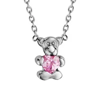 collier pour enfant en argent rhodié chaîne avec pendentif ourson tenant 1 oxyde rose - longueur 36cm + 2cm de rallonge