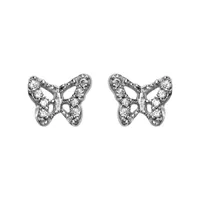 boucles d'oreilles en argent rhodié papillon avec ailes ajourées et ornées d'oxydes blancs sertis et fermoir poussette