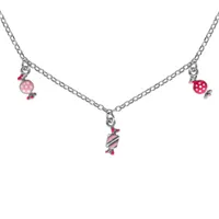collier pour enfant en argent rhodié chaîne avec 3 pampilles bonbons roses - longueur 37cm + 3cm de rallonge