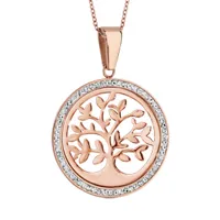 collier en acier et pvd rose chaîne avec pendentif rond avec arbre de vie ajouré et contour en résine et strass blanc - longueur 42cm + 8cm de rallonge