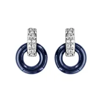 boucles d'oreilles en argent rhodié 1 anneau en céramique bleu marine suspendue à 1 anneau orné d'oxydes blancs sertis et fermoir poussette