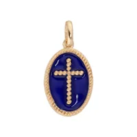 pendentif en plaqué or ovale croix sur fond bleu foncé