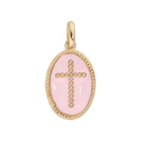 pendentif en plaqué or ovale croix sur fond rose pâle