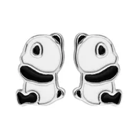 boucles d'oreille pour enfant en argent rhodié panda noir et blanc et fermoir poussette