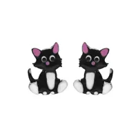 boucles d'oreille pour enfant en argent rhodié chat noir et rose et fermoir poussette