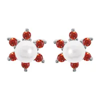 boucles d'oreille en argent rhodié fleur perle blanche de synthèse et oxydes rouges et fermoir poussette