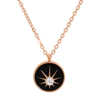 collier en acier et pvd rose chaîne avec pendentif médaille noire et 1 oxyde blanc étoilé 38+7cm