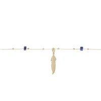 chaîne de cheville en argent et dorure jaune avec pampille plume et rondelles lapis lazuli véritable 22+3cm