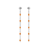 boucles d'oreille en argent rhodié chaînette avec perles orange fluo et fermoir poussette