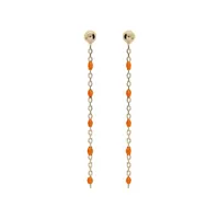 boucles d'oreille en argent et dorure jaune chaînette avec perles orange fluo et fermoir poussette
