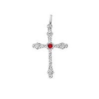 pendentif en argent rhodié croix avec motifs diamantés en étoile et oxyde rouge au centre