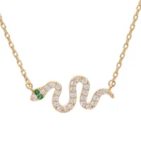 collier en plaqué or avec pendentif serpent oxydes blancs et verts sertis 40+5cm
