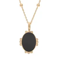 collier en plaqué or médaille médaille ovale 14mm contour perlée et coeur en pierre naturelle agate noire 38+5cm