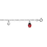 bracelet enfant en argent rhodié chaîne 3+1 avec pampilles coccinelles rouges et coeurs 14+2cm