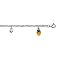 bracelet enfant en argent rhodié chaîne 3+1 avec pampilles coccinelles jaunes  et coeurs 14+2cm