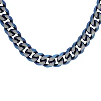 collier en acier maille gourmette largeur 8mm avec pvd brossé aspect patiné chanfrein bleu 55cm