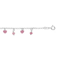 bracelet enfant en argent rhodié chaîne avec pampilles coeurs et boules pierres facetés roses 13+3cm