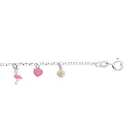 bracelet enfant en argent rhodié chaîne avec pampille coeurs, fleurs et flamant rose 13+3cm