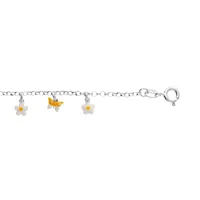 bracelet enfant en argent rhodié chaîne avec pampilles fleurs et papillon 13+3cm