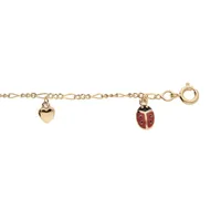 bracelet enfant en plaqué or chaîne avec pampilles coccinelles rouges et coeurs 14+2cm