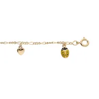 bracelet enfant en plaqué or chaîne avec pampilles coccinelles jaune et point noir avec coeurs 14+2cm