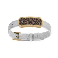 bracelet en acier et pvd jaune et cuir bovin blanc motif rectangulaire avec résine léopard réglable
