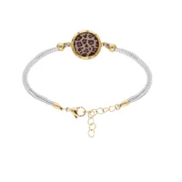 bracelet en acier et pvd jaune cordon blanc motif rond avec résine léopard 16+3cm