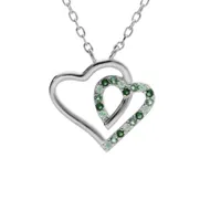 collier argent rhodié pendentif double coeur contour oxydes verts et blancs 42+3cm