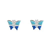 boucles d'oreilles pour enfant en argent papillon bleu et fermoir poussette
