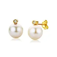 miore bijoux pour femmes clous d'oreilles avec perles d'eau douce blanches et diamants 0.02 ct boules d'oreilles en or jaune 18 carats / 750 or