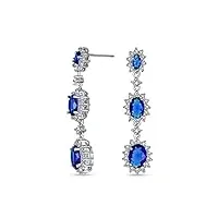 boucles d'oreilles chandelier À triple halo ovale long en bleu royal avec des saphirs simulés et des zircons cubiques Étincelants Élégantes et plaquées argent pour femmes