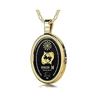 pendentif signe du zodiaque en or jaune 14ct - collier poisson avec inscription en or 24ct sur une pierre onyx, chaine en or laminé de 45cm